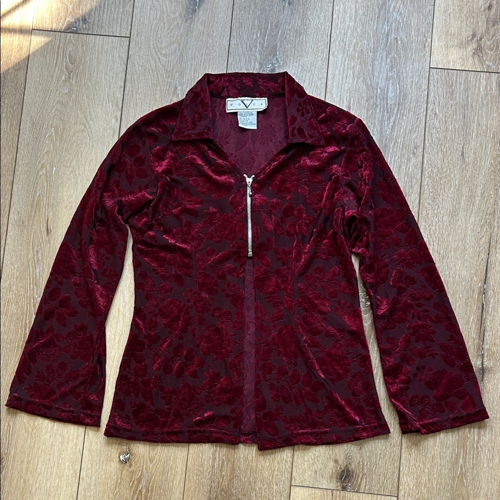 Voice Womens L Red Velvet Burnout Sheer Whimsigoth Fairy Grunge Zip Top Sexy